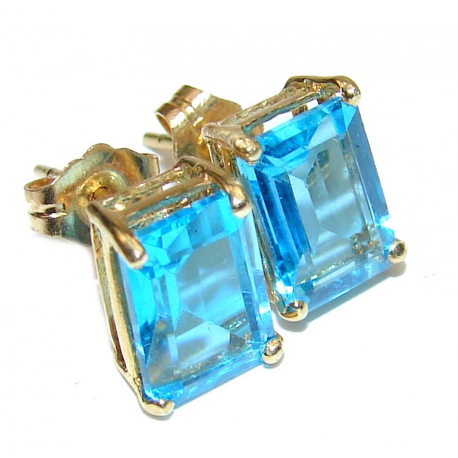 14K yellow Gold oblong cut 4.1 carat Swiss Blue Topaz Earrings