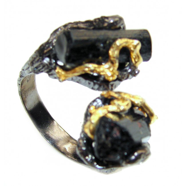 Authentic Rough Tourmaline black rhodium over 2 tones .925 Sterling Silver Ring size 8 1/2