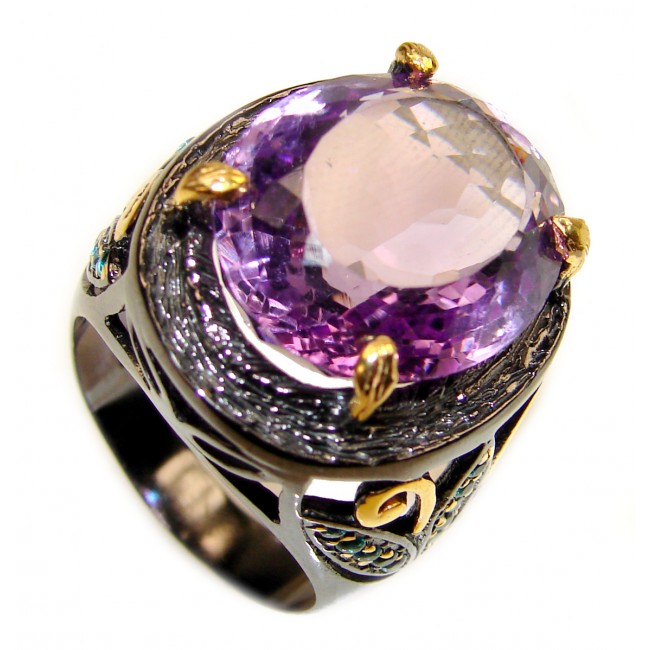 Large genuine Amethyst black rhodium over .925 Sterling Silver handcrafted Ring size 9