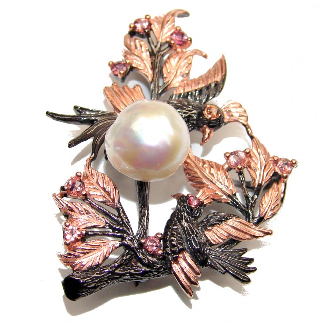 Playing Birds Natural Pearl Sapphire 925 Sterling Silver Pendant Brooch