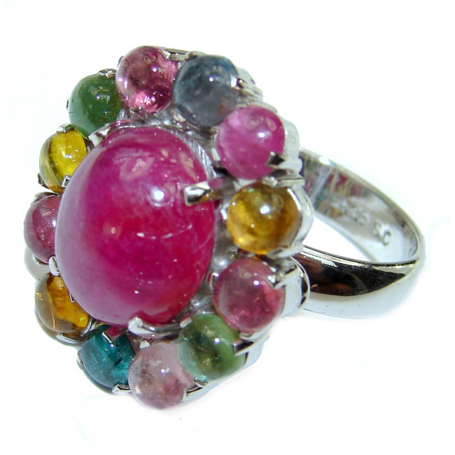 Genuine Ruby Star multicolor Tourmaline .925 Sterling Silver handmade LARGE Cocktail Ring s. 8 1/4