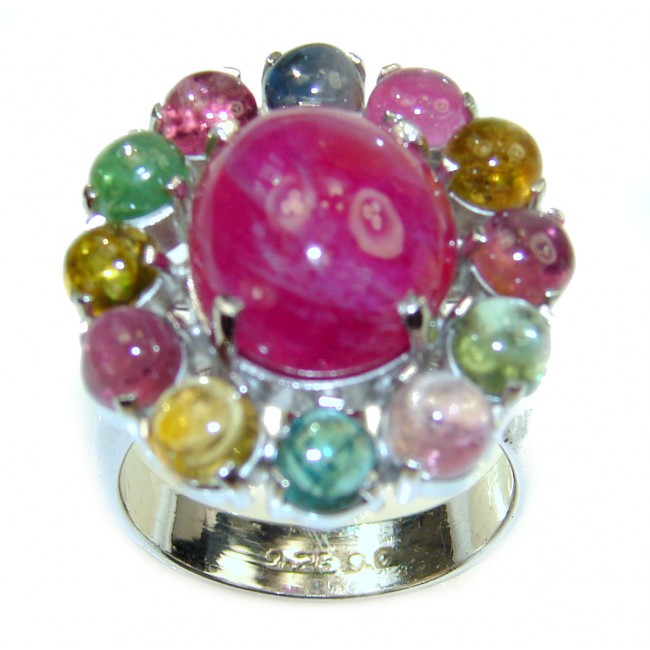 Genuine Ruby Star multicolor Tourmaline .925 Sterling Silver handmade LARGE Cocktail Ring s. 8 1/4