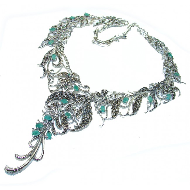 Magnificent Jewel authentic Emerald Marcasite .925 Sterling Silver handcrafted necklace