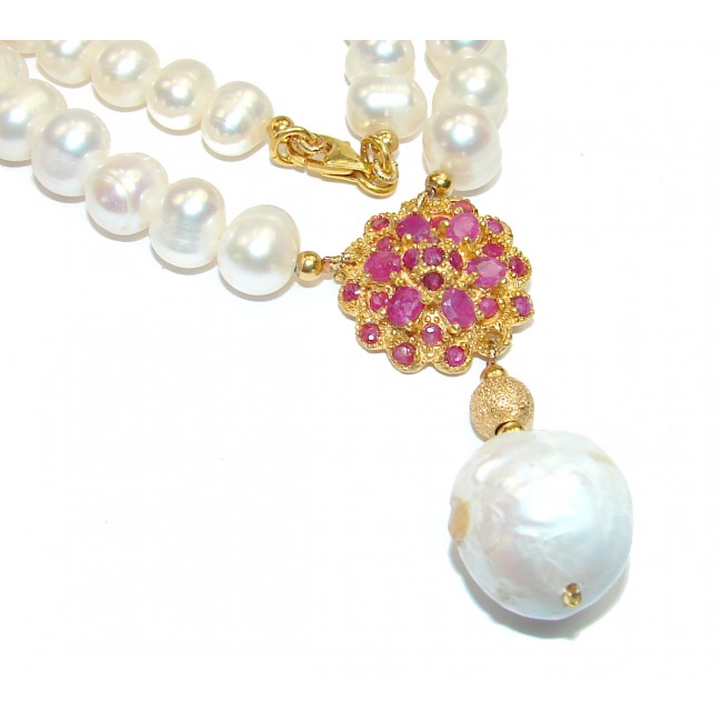 Tsarists heirloom Pearl & Natural Ruby 14K Gold over .925 Sterling Silver handmade Necklace