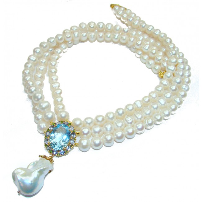 Tsarist heirloom Pearl & Natural Swiss Blue Topaz 14K Gold over .925 Sterling Silver handmade Necklace