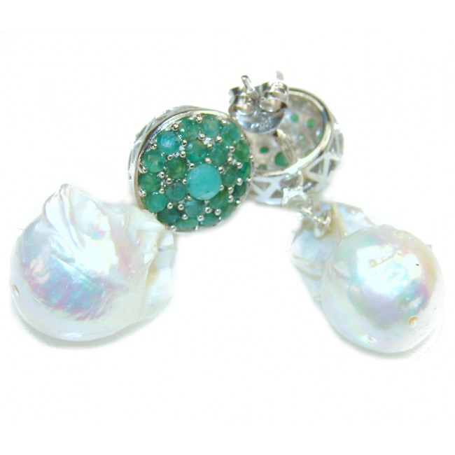 Precious Baroque Style genuine Mother of Pearl Emerald .925 Sterling Silver earrings