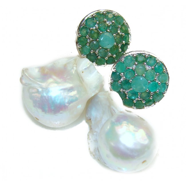 Precious Baroque Style genuine Mother of Pearl Emerald .925 Sterling Silver earrings