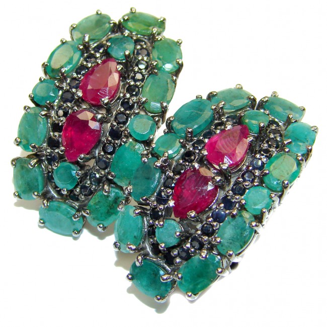 Incredible quality Ruby Emerald .925 Sterling Silver handcrafted LARGE earrings