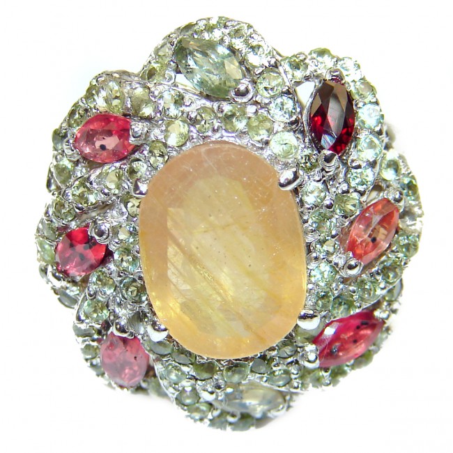 Golden Rutilated Quartz multicolor Sapphire .925 Sterling Silver handcrafted Ring Size 9 3/4
