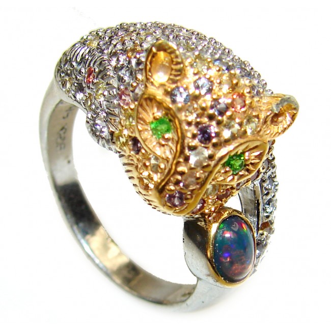Panthere Emerald Black Opal .925 Sterling Silver handcrafted Statement Ring size 9