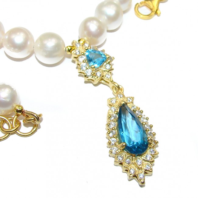 Tsarist heirloom Pearl & London Blue Topaz 14K Gold over .925 Sterling Silver handmade Necklace