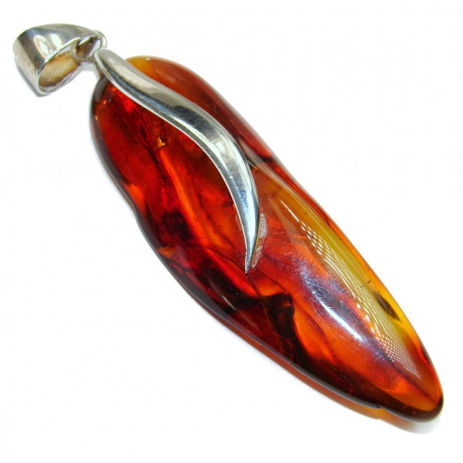 Large 4 inches long Natural Golden Baltic Amber .925 Sterling Silver handmade Pendant
