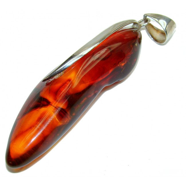 Large 4 inches long Natural Golden Baltic Amber .925 Sterling Silver handmade Pendant