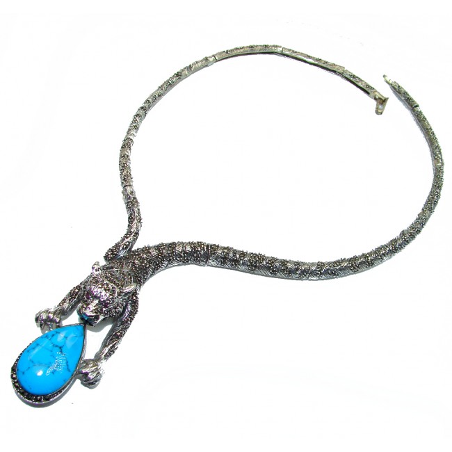 Panther Genuine Turquoise Marcasite .925 Sterling Silver handmade handcrafted Necklace