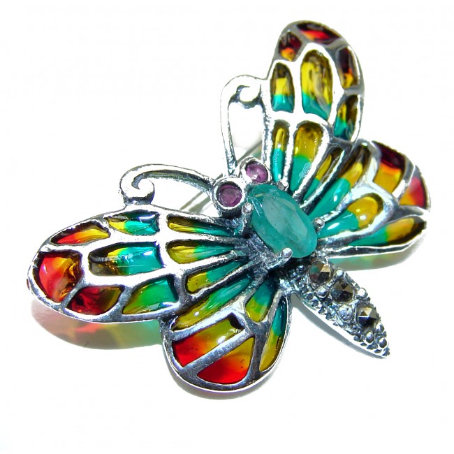 Natural Enamel Butterfly .925 Sterling Silver Brooch