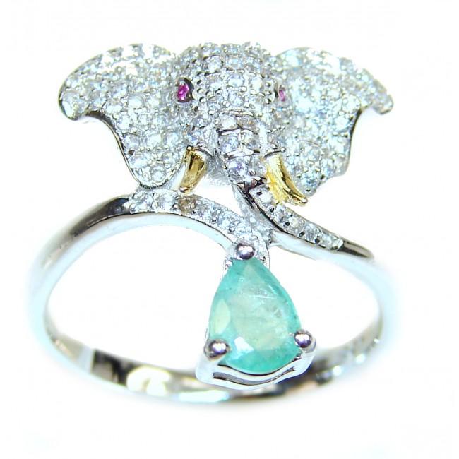 Lucky Elephant Genuine Emerald .925 Sterling Silver handcrafted Statement Ring size 9