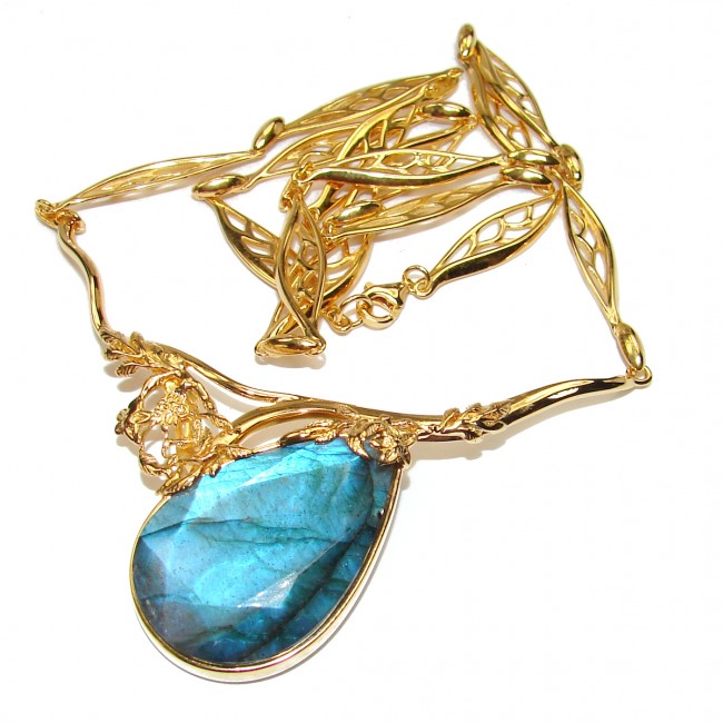 Luxury Design 42.5 ct faceted Labradorite 18K Gold over .925 Sterling Silver entirely handcrafted necklace