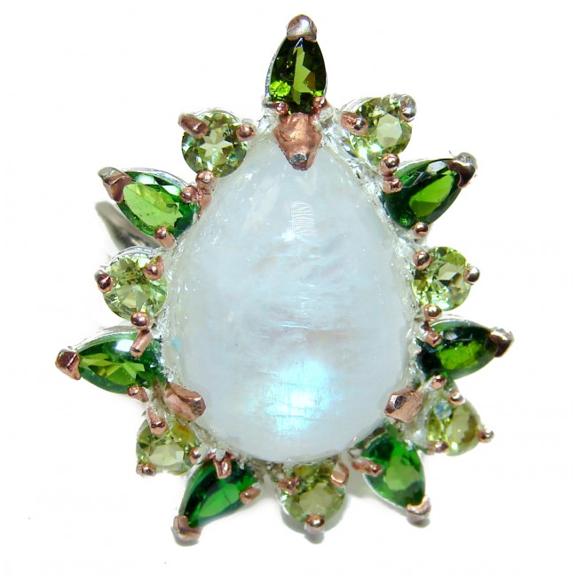 Fire Moonstone Chrome Diopside .925 Sterling Silver handmade ring s. 8