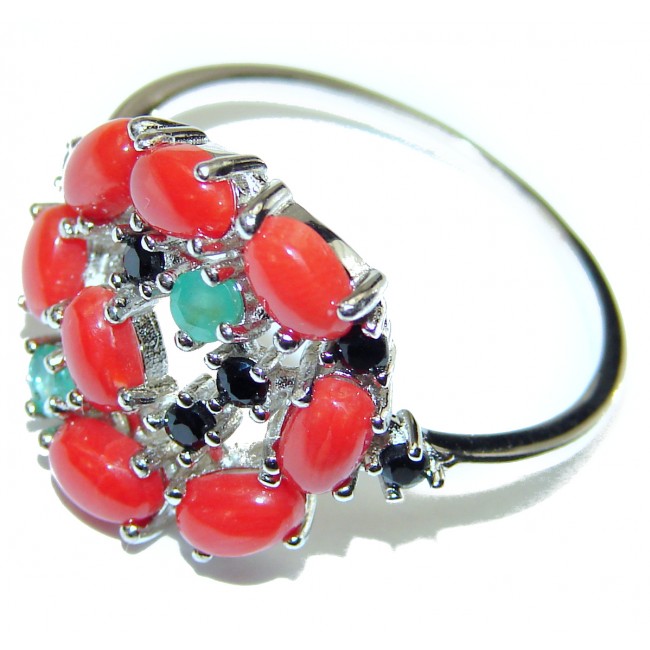 Natural Fossilized Coral & Emerald .925 Sterling Silver handmade ring s. 10