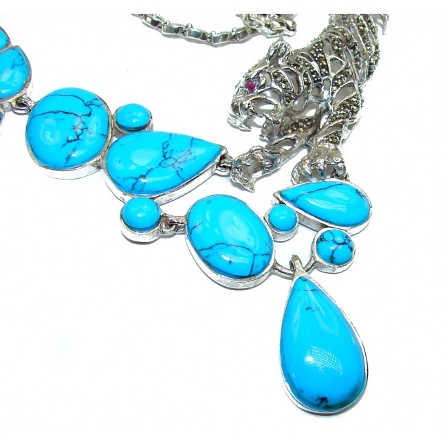 MASSIVE Panther Genuine Turquoise Marcasite .925 Sterling Silver handmade handcrafted Necklace