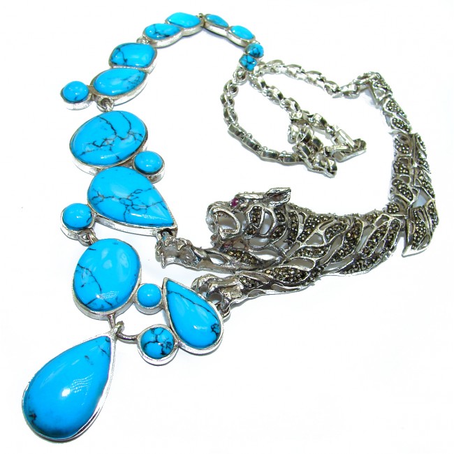 MASSIVE Panther Genuine Turquoise Marcasite .925 Sterling Silver handmade handcrafted Necklace