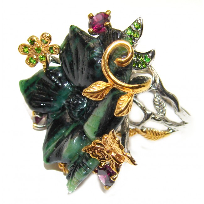 Large Exotic Flower carved Ruby In Zoisite 2 tones .925 Sterling Silver Ring s. 8 3/4