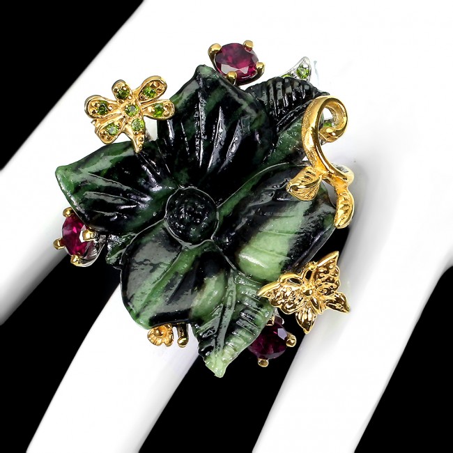 Large Exotic Flower carved Ruby In Zoisite 2 tones .925 Sterling Silver Ring s. 8 3/4
