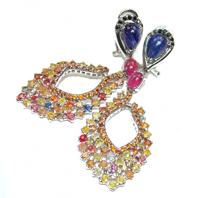 Large Incredible quality Authentic multicolor Sapphire .925 Sterling Silver handmade earrings