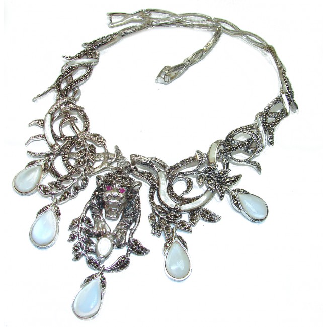 MASSIVE Panther Genuine Blister Pearl Marcasite .925 Sterling Silver handmade handcrafted Necklace