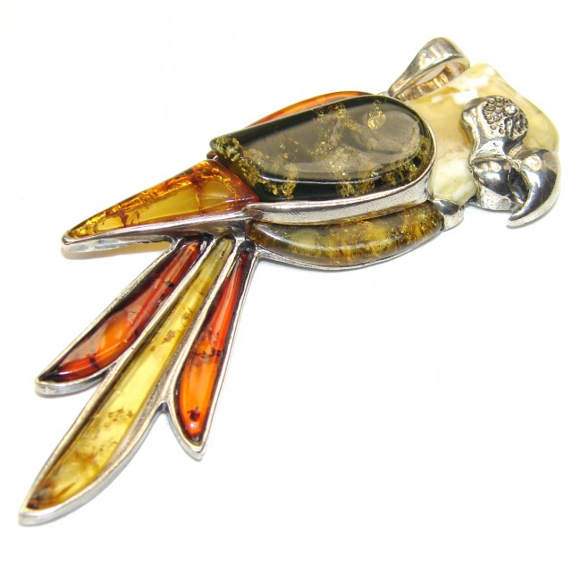 Incredible Large Parrot Natural Baltic Amber 925 Sterling Silver Pendant