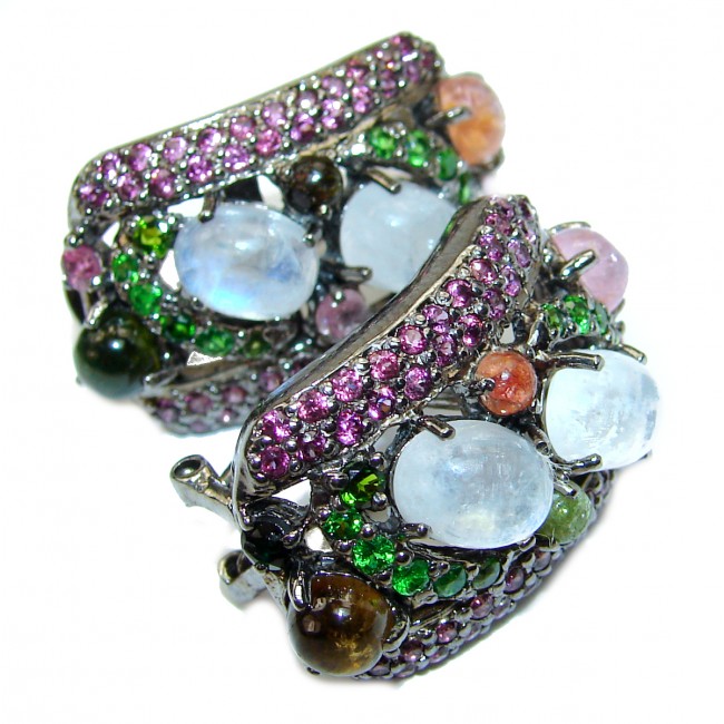 LARGE Genuine Rainbow Moonstone black rhodium over .925 Sterling Silver handcrafted stud Earrings