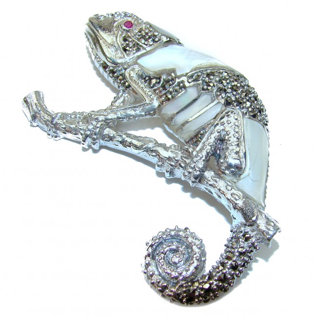 Spectacular Big Chameleon Lizard Natural Blister Pearl .925 Sterling Silver handmade Brooch