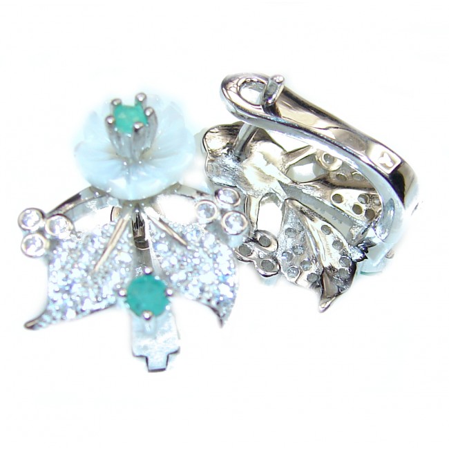 White Flower Blister Pearl Emerald .925 Sterling Silver stud earrings