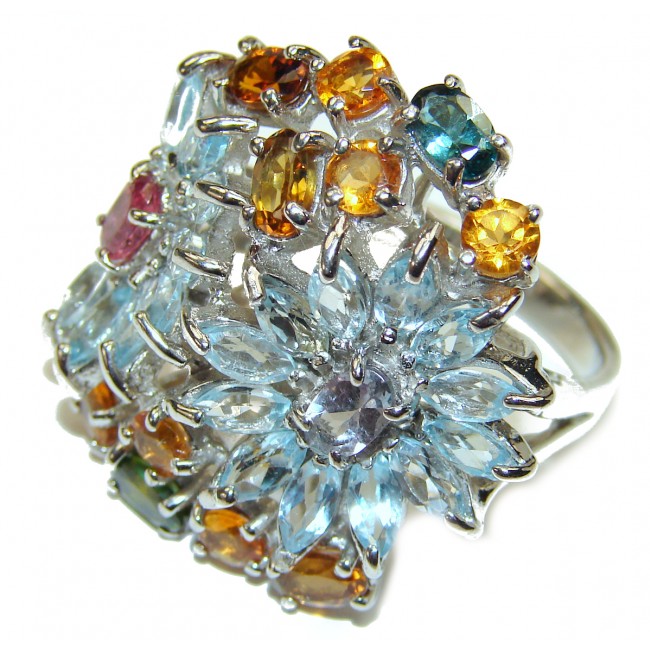 Bouquet of Flowers Authentic Aquamarine Garnet .925 Sterling Silver handmade Ring s. 7