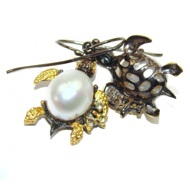 SEA TURTLES Style genuine Pearl 18K Gold over .925 Sterling Silver earrings