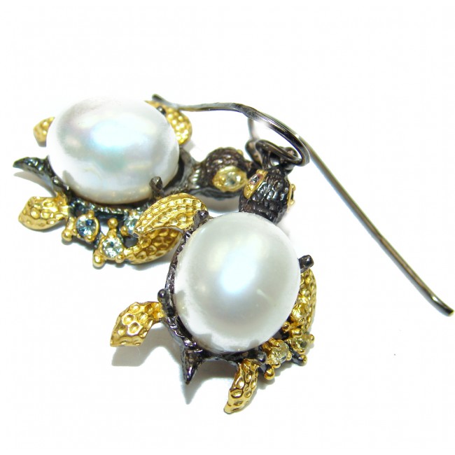 SEA TURTLES Style genuine Pearl 18K Gold over .925 Sterling Silver earrings