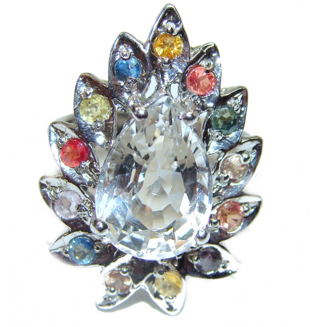 Magestic White Topaz multicolor Sapphire .925 Sterling Silver handmade Ring s. 7 3/4