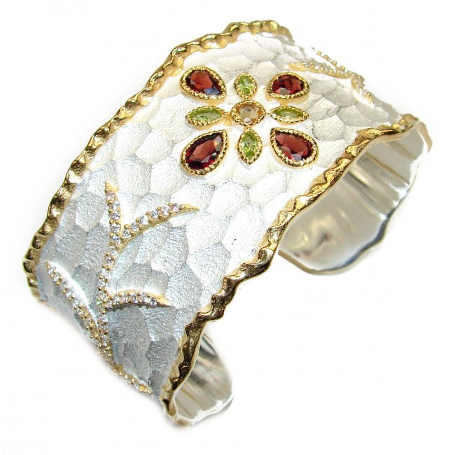 Bracelet with Garnet Peridot and Diamonds 24K Gold .925 Sterling Silver in Antique White Patina