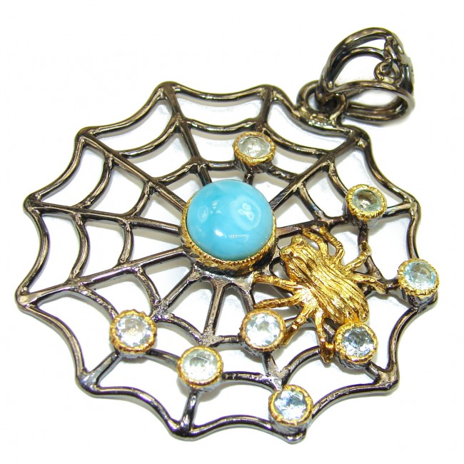 Large Spider Web Larimar from Dominican Republic .925 Sterling Silver handmade Huge pendant
