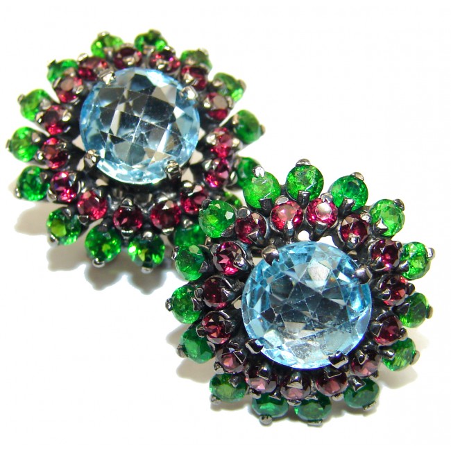 Dazling Swiss Blue Topaz Ruby Emerald .925 Sterling Silver handcrafted earrings