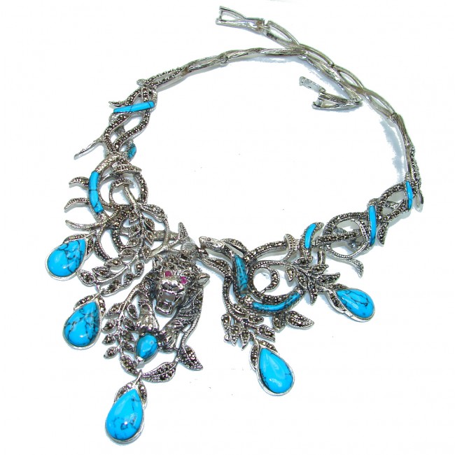 HUGE authentic Turquoise Marcasite Leopard .925 Sterling Silver handcrafted necklace