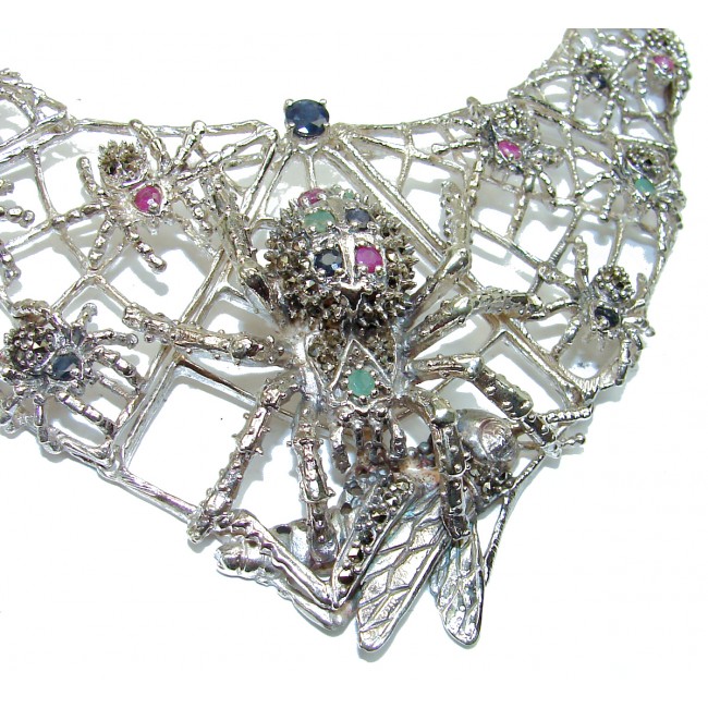 LARGE One of the kind Hunting Spider Colombian Emerald .925 Sterling Silver handmade necklace