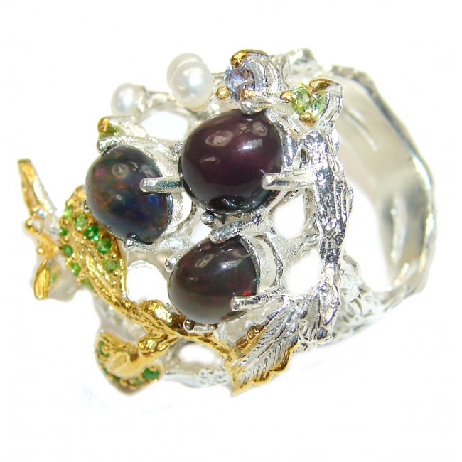 Back to nature Authentic Black Opal 2 tones .925 Sterling Silver brilliantly handcrafted ring s. 7