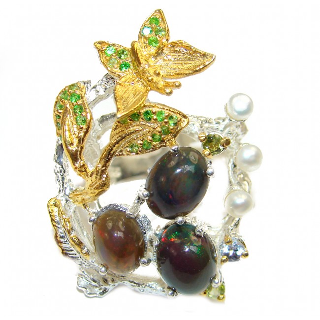 Back to nature Authentic Black Opal 2 tones .925 Sterling Silver brilliantly handcrafted ring s. 7