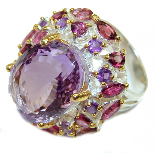 Royal Quality 62 carat Amethyst 2 tones .925 Sterling Silver handcrafted Statement Ring size 8 3/4