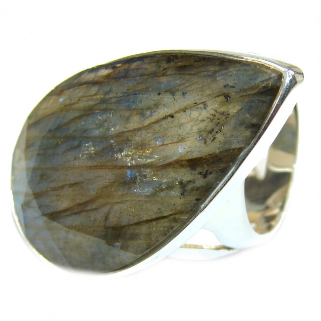 Mesmerizing faceted Fire Labradorite .925 Sterling Silver Bali handmade ring size 7 adjustable