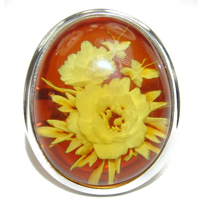 Beautiful Authentic carved Baltic Amber .925 Sterling Silver handcrafted Large ring; s. 7 adjustable