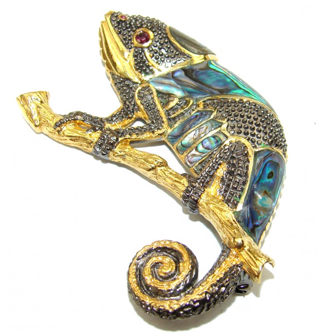 Spectacular Big Chameleon Lizard Rainbow Abalone .925 Sterling Silver handmade Brooch