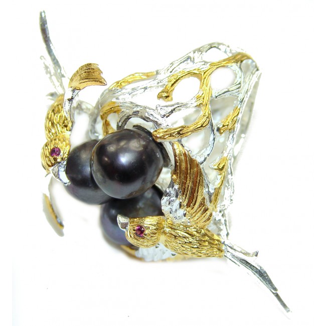Large Bird nest Real Black Pearl .925 Sterling Silver Bali handmade ring size 6 3/4