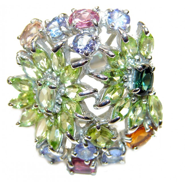 Bouquet of Flowers Authentic Aquamarine Garnet .925 Sterling Silver handmade Ring s. 9